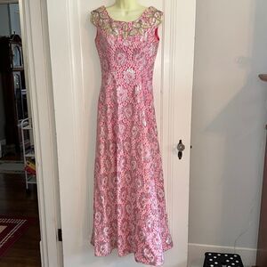 Vtg 60s pink, white & silver lace long dress with beaded & sequined neckline